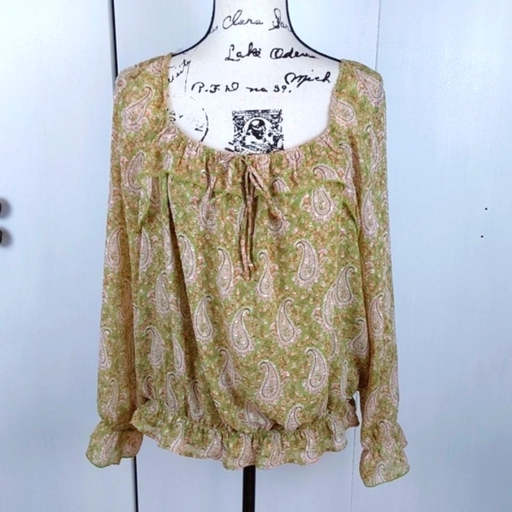 DR2- Womens Semi Sheer Paisley Ruffles Blouse Neutrals Prairie Peasant Sz.Large